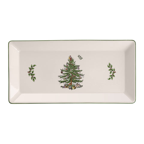 Bandeja rectangular Spode de porcelana con borde festivo, duradera y fácil de limpiar.