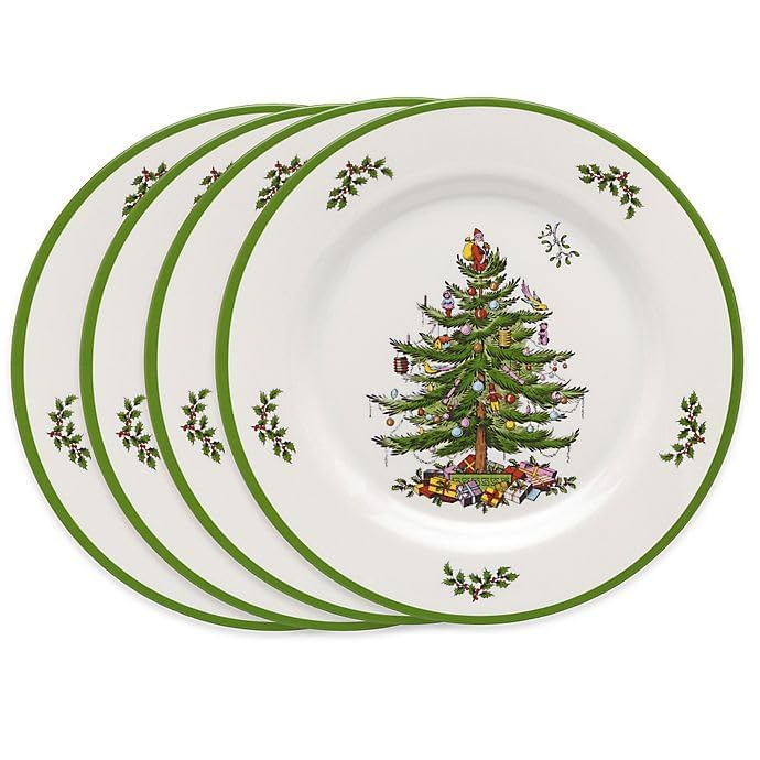 Spode Árbol de Navidad juego vajilla 12 piezas para 4 comensales en mesa festiva.