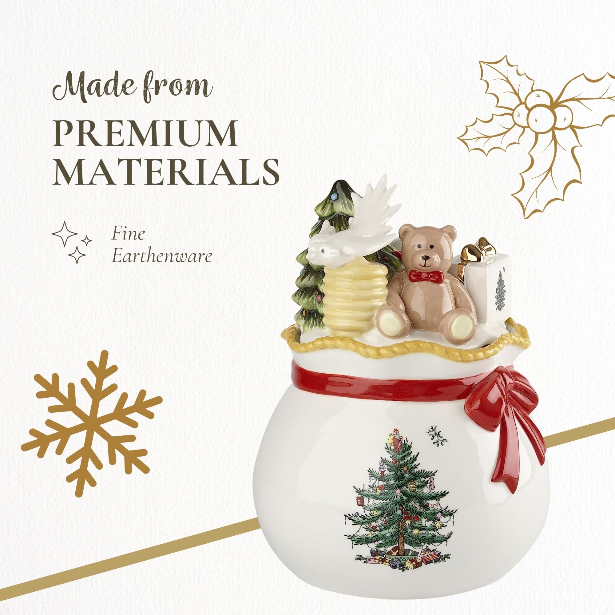 Spode tapa decorativa con tema navideño, mantiene dulces frescos durante la celebración.