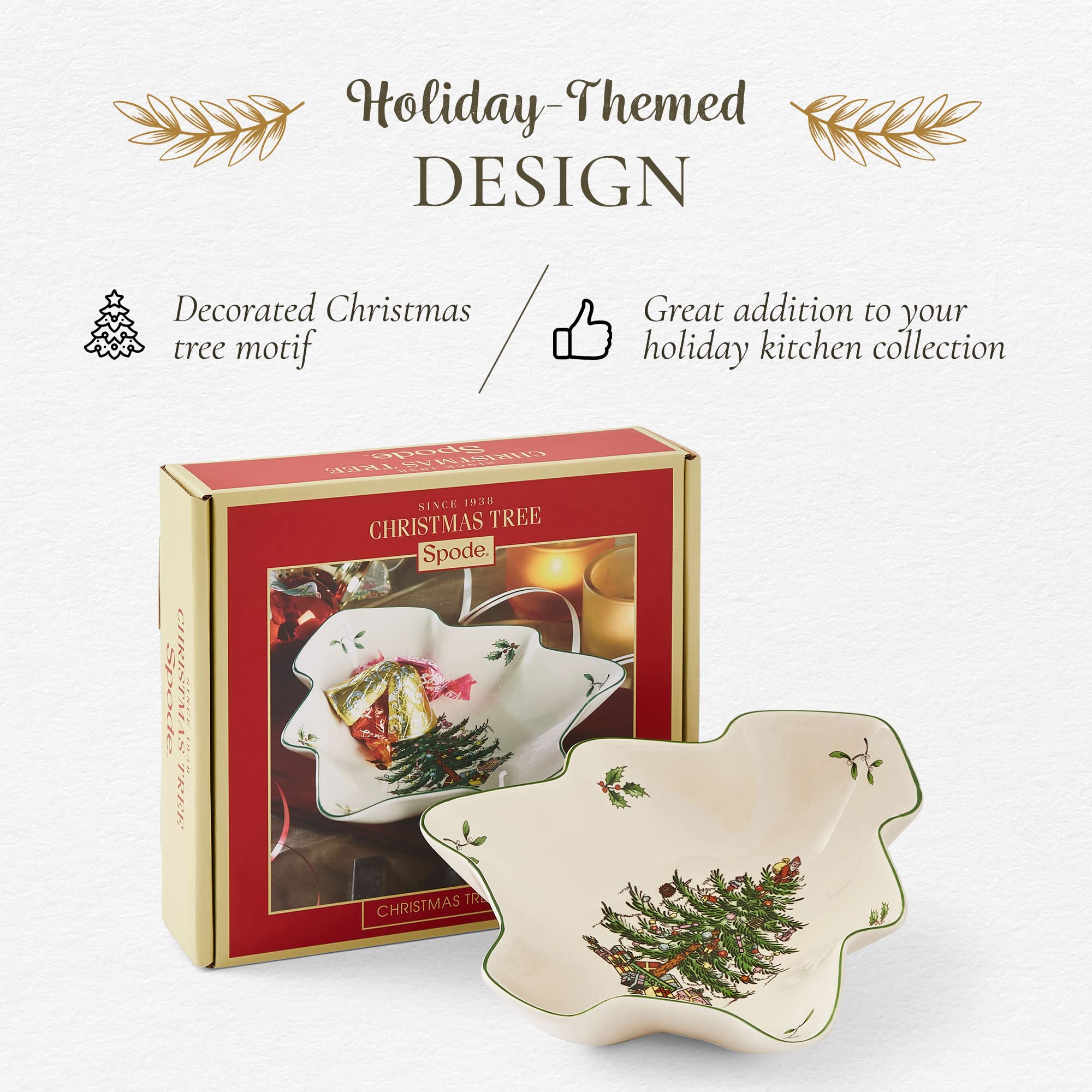 Spode Arbol Navidad: patrón verde elegante para presentación de postres y aperitivos.