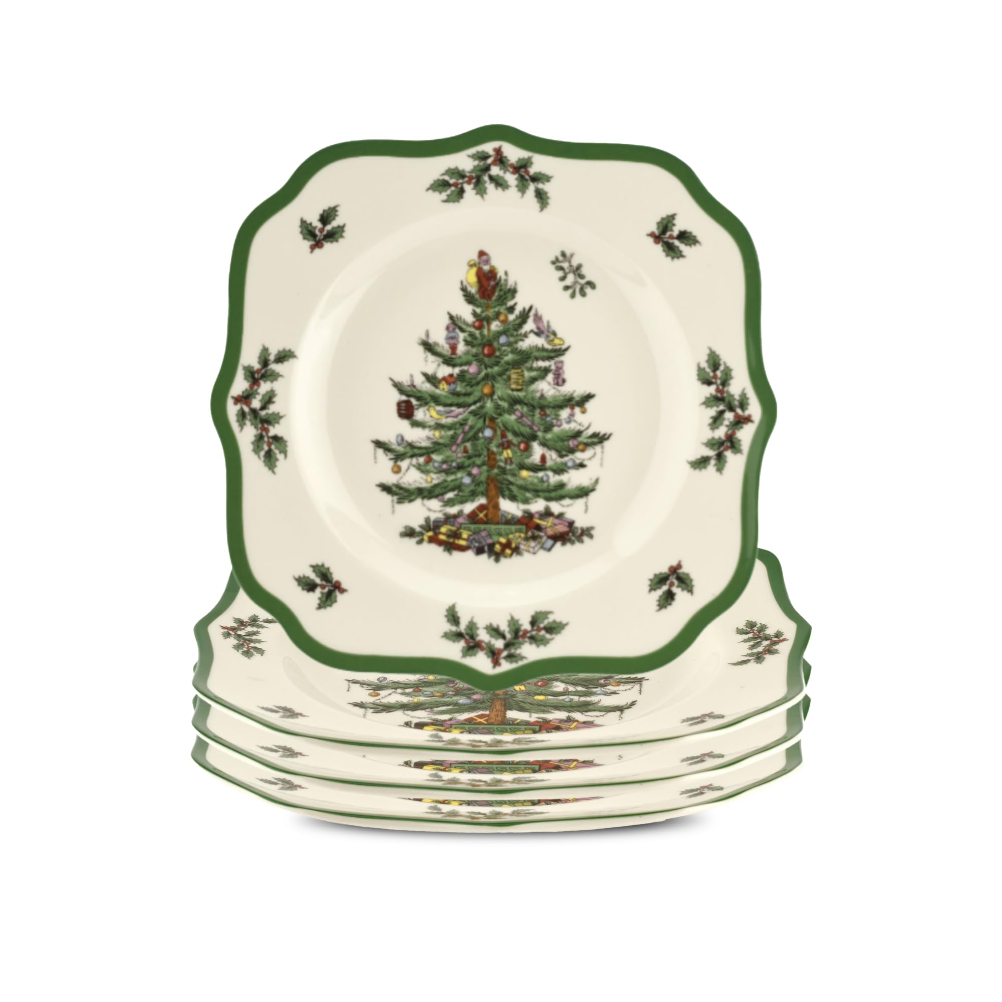 Plato Spode con árbol navideño y borde escallado, ideal para cenas festivas.