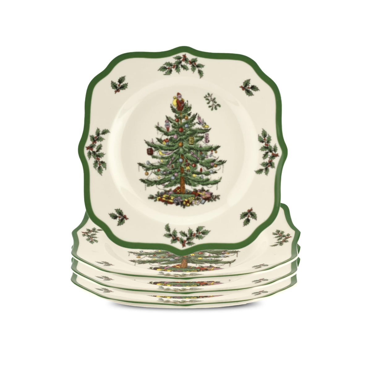 Plato Spode con árbol navideño y borde escallado, ideal para cenas festivas.