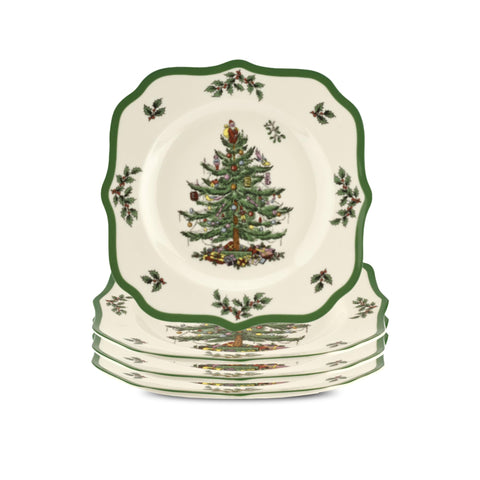 Plato Spode con árbol navideño y borde escallado, ideal para cenas festivas.