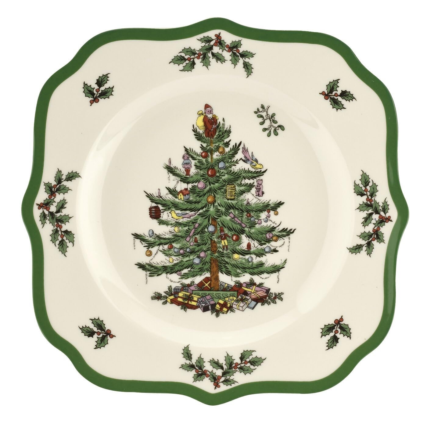 Plato de ensalada Spode con árbol navideño y borde escallado; ideal para fiestas.