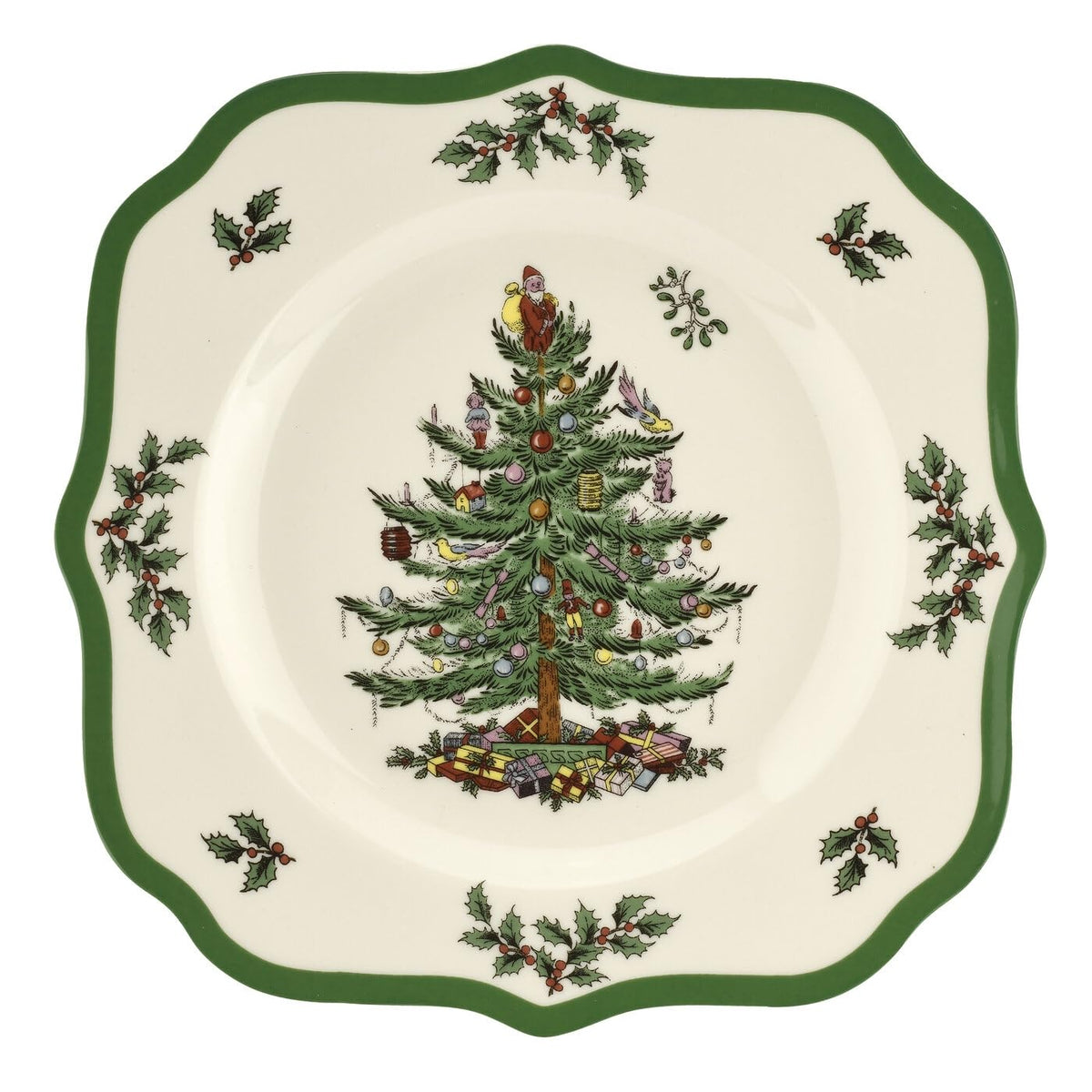 Plato de ensalada Spode con árbol navideño y borde escallado; ideal para fiestas.