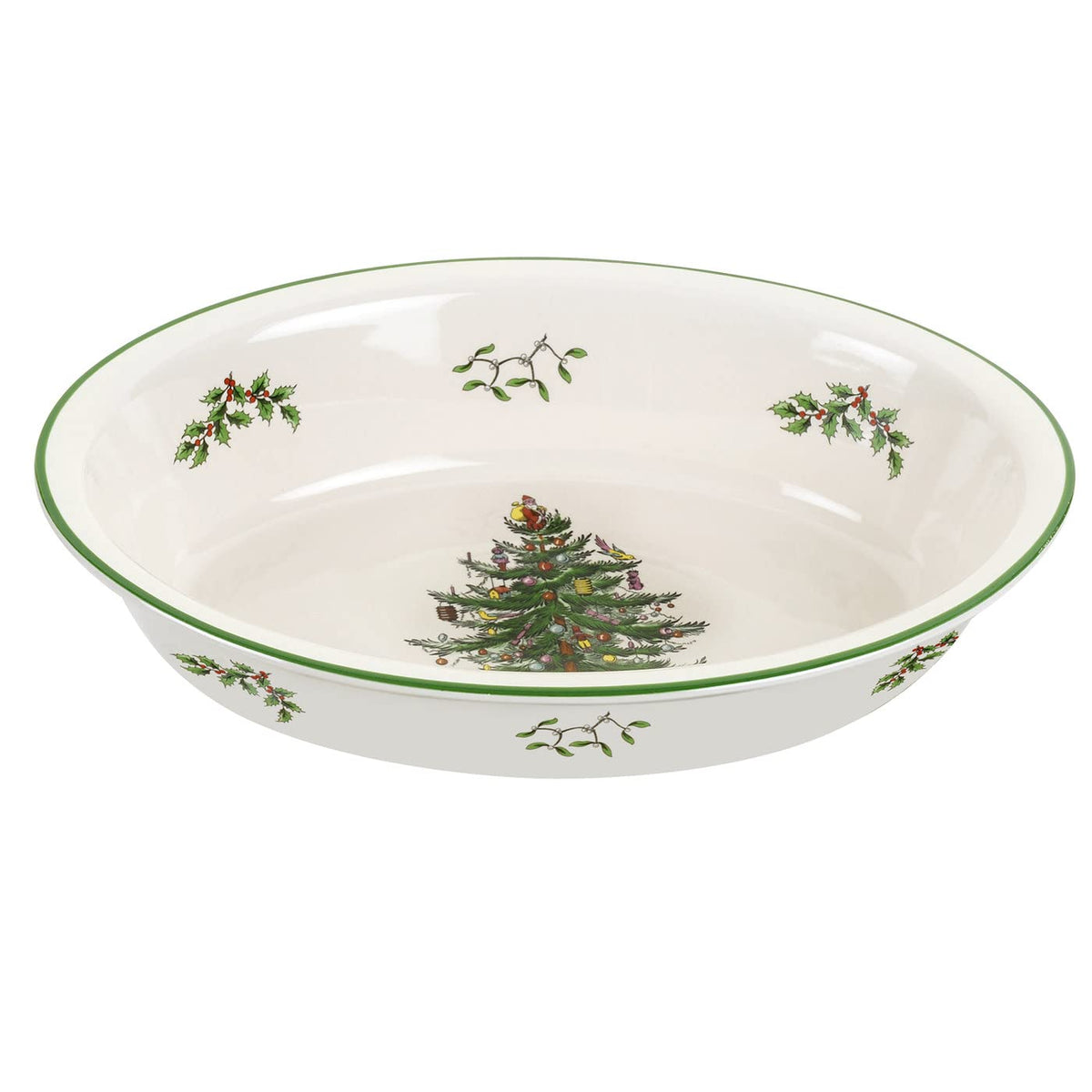 Plato ovalado Spode con árbol navideño en el centro, ideal para hornear y servir.
