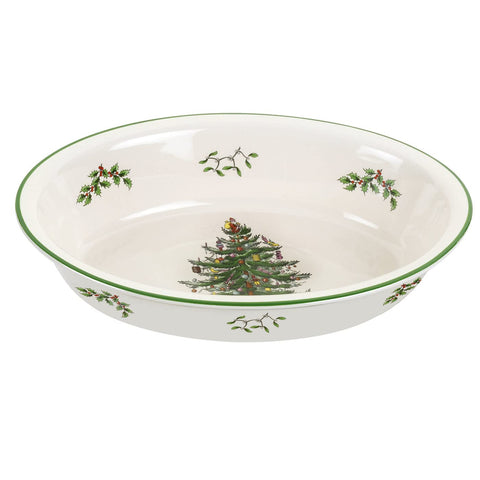 Plato ovalado Spode con árbol navideño en el centro, ideal para hornear y servir.