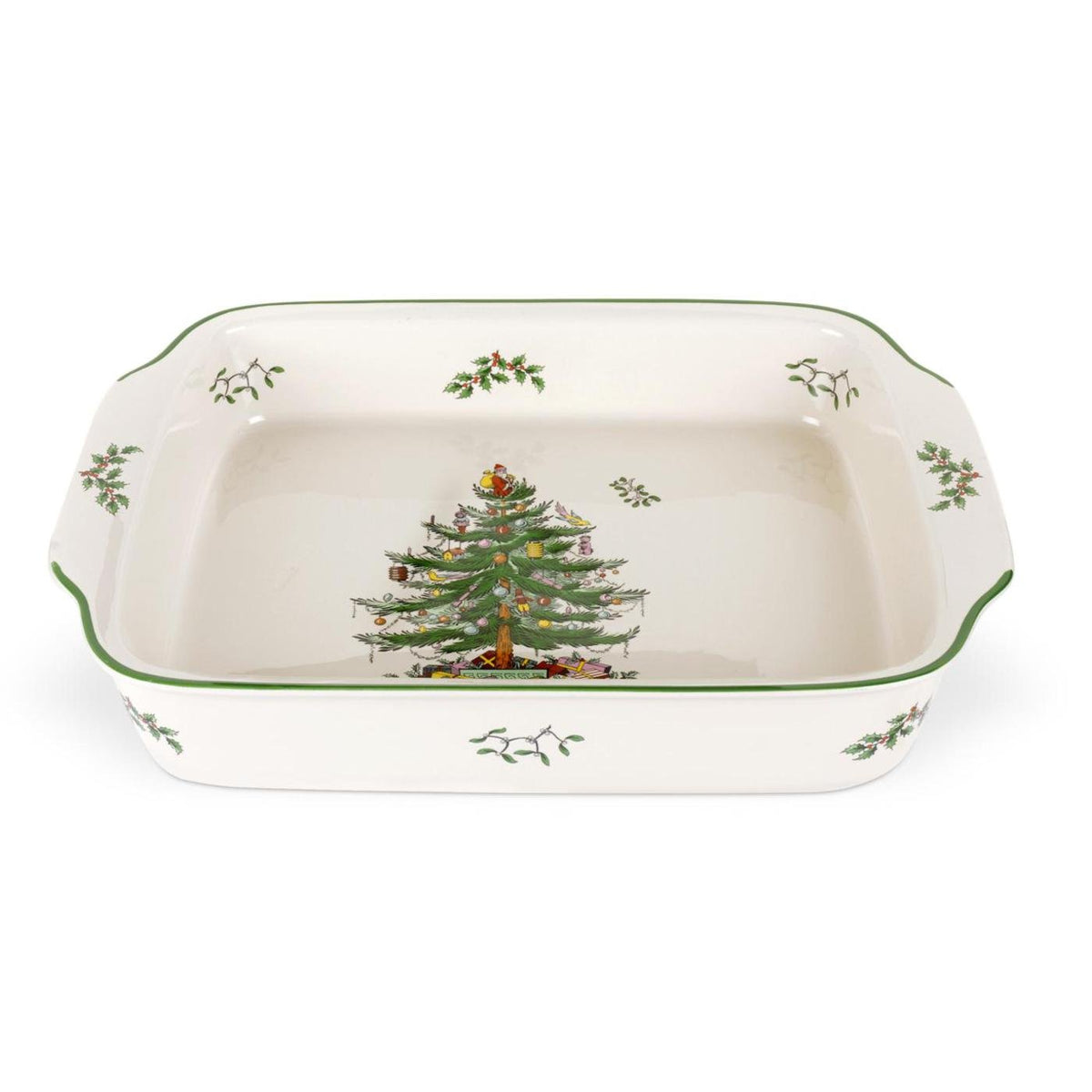 Spode Arbol Navidad plato rectangular con manijas, ideal para servir en mesa festiva.