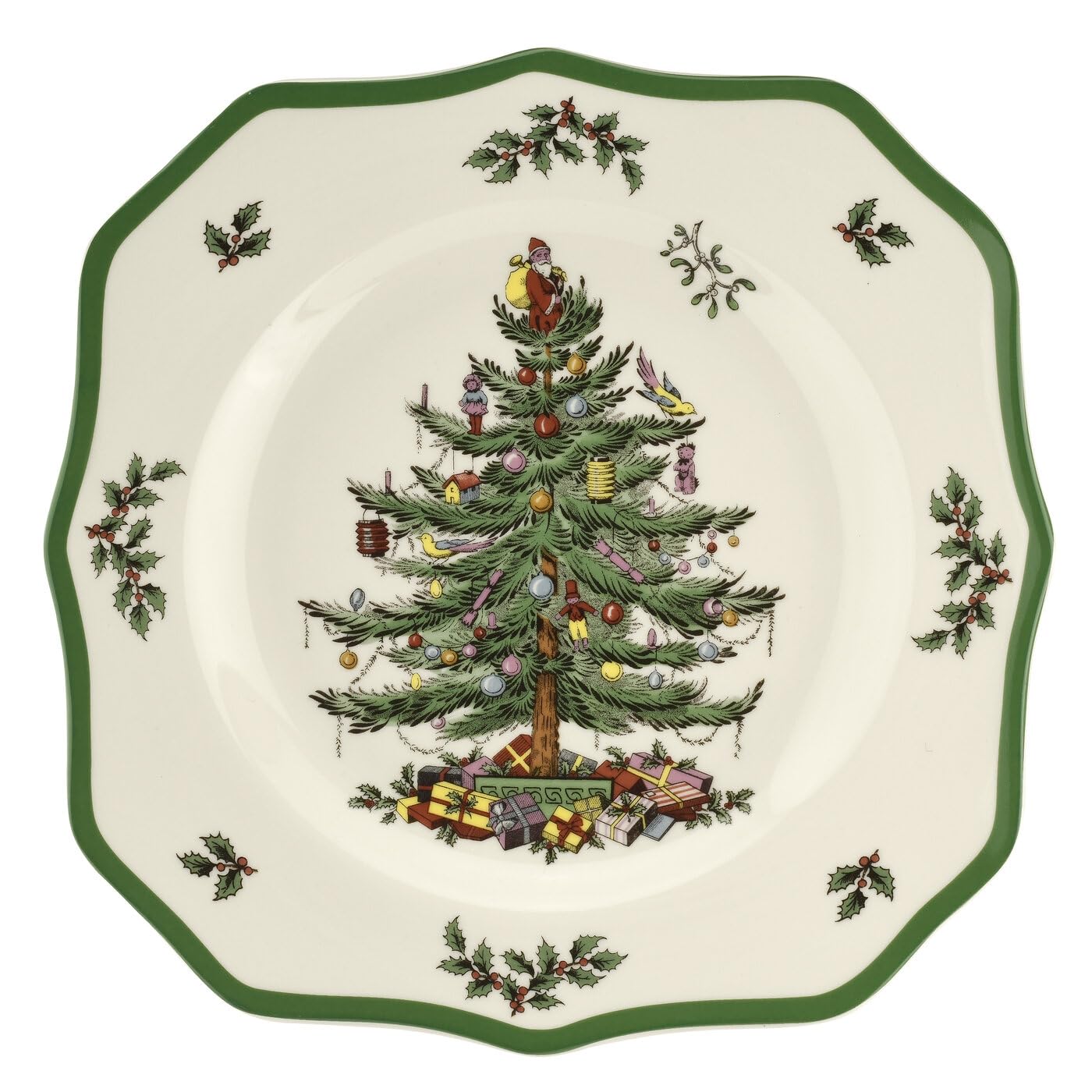Plato Spode con árbol navideño y regalos para decorar la mesa festiva.