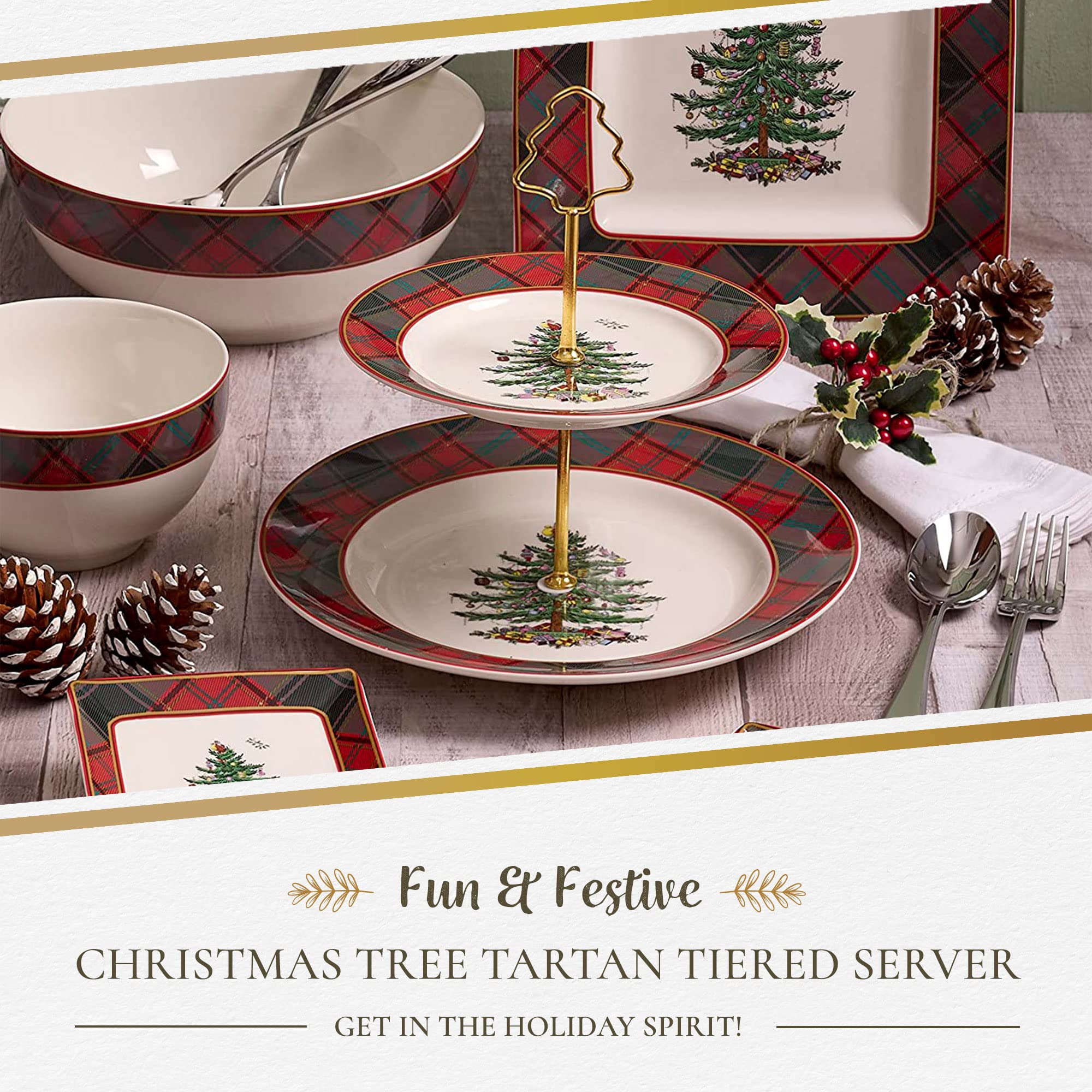Spode Árbol Navidad Tartan - servidor dos niveles con bandeja superior de 20 cm para postres
