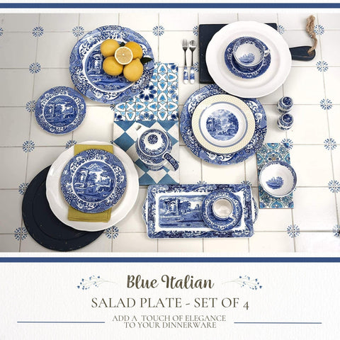 Spode Azul Italiano motivo oriental, diseño azul y blanco para una mesa refinada.
