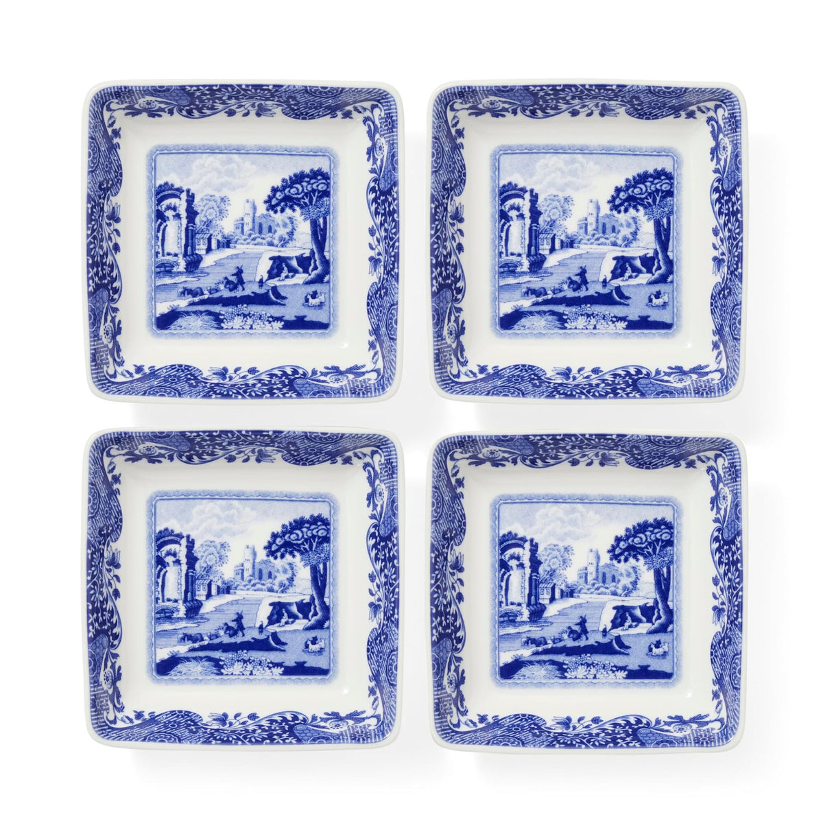 Spode Blue Italian: cuencas para salsas de 3 pulgadas, borde scroll, ideales para condimentos.