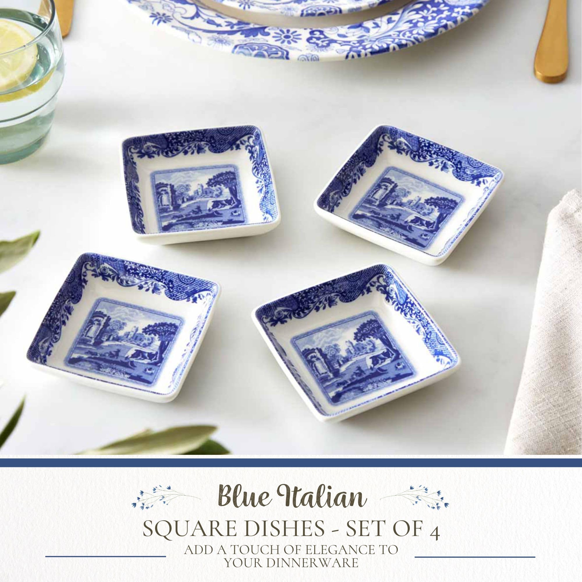 Spode Blue Italian: detalle de motivo escénico en cuencas lista para servir salsas para mojar.