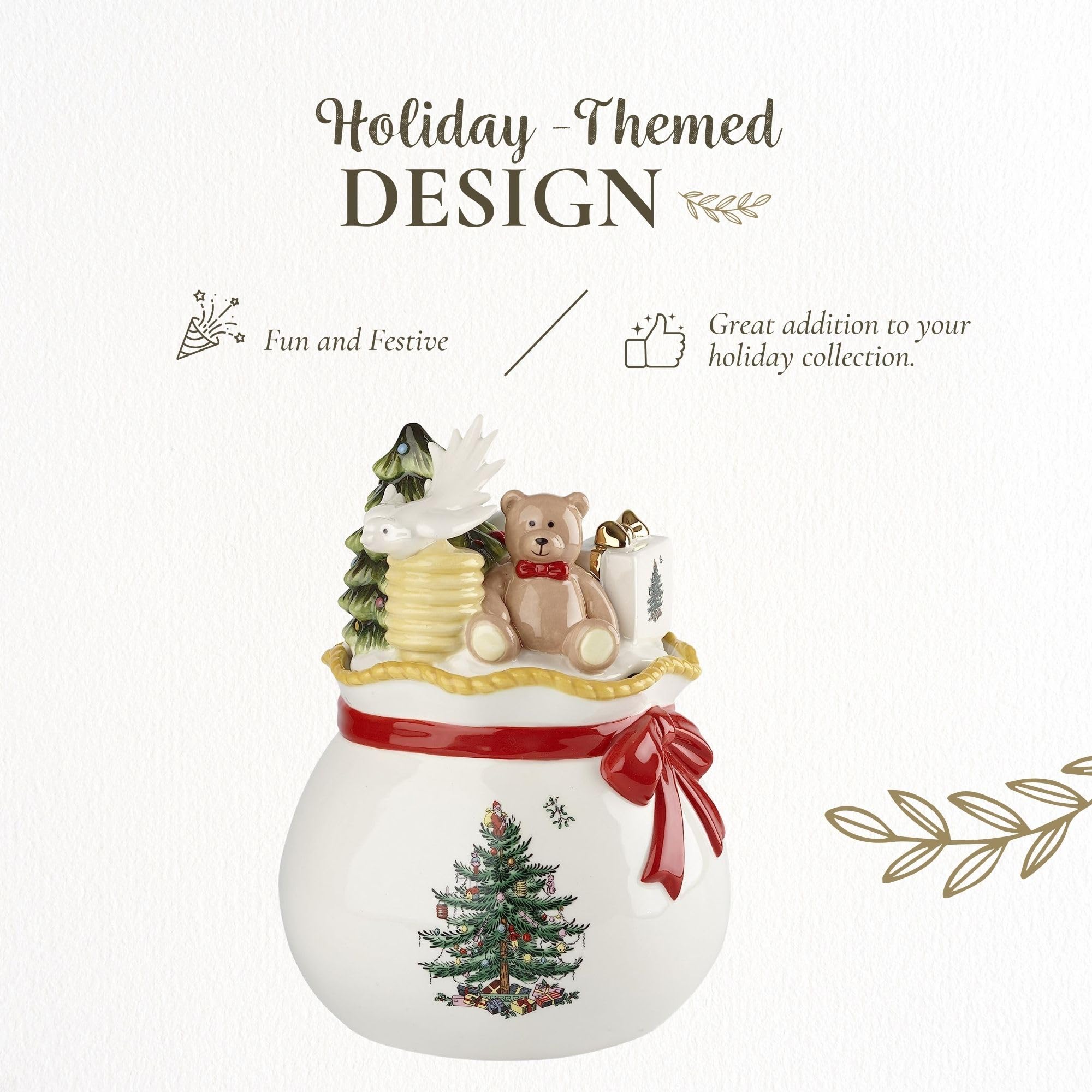 Spode detalle de oso y árbol, realza la mesa festiva con elegancia.