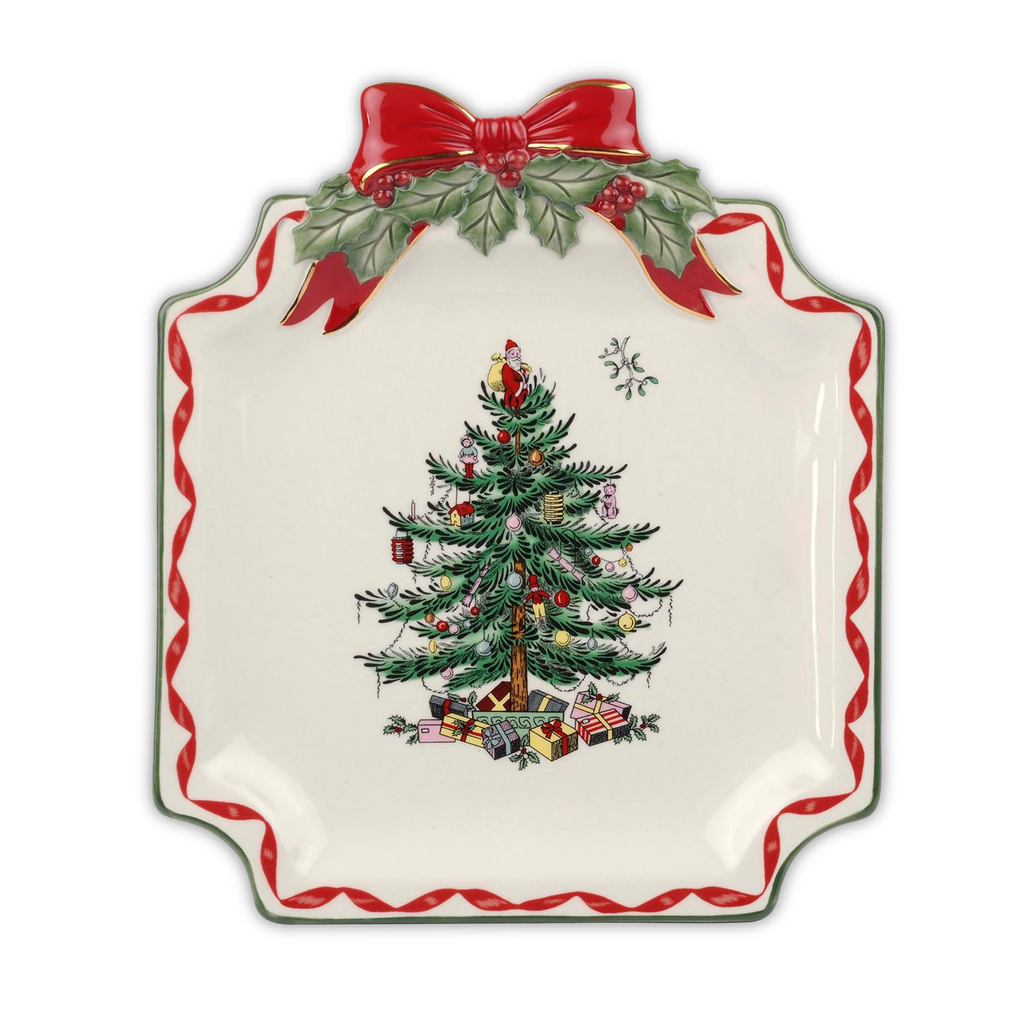 Plato canapé Spode con borde rojo y árbol navideño, ideal para postres festivos.
