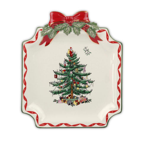 Plato canapé Spode con borde rojo y árbol navideño, ideal para postres festivos.