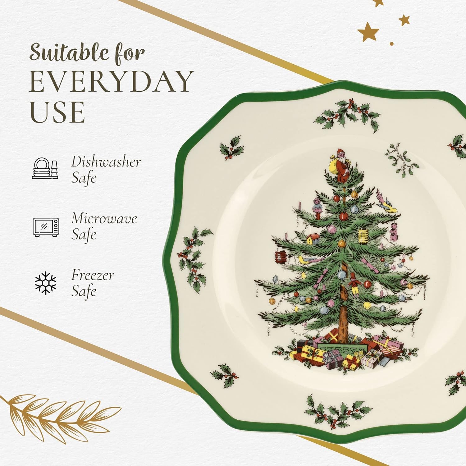 Mesa festiva con Spode: plato grande ideal para servir platos principales.