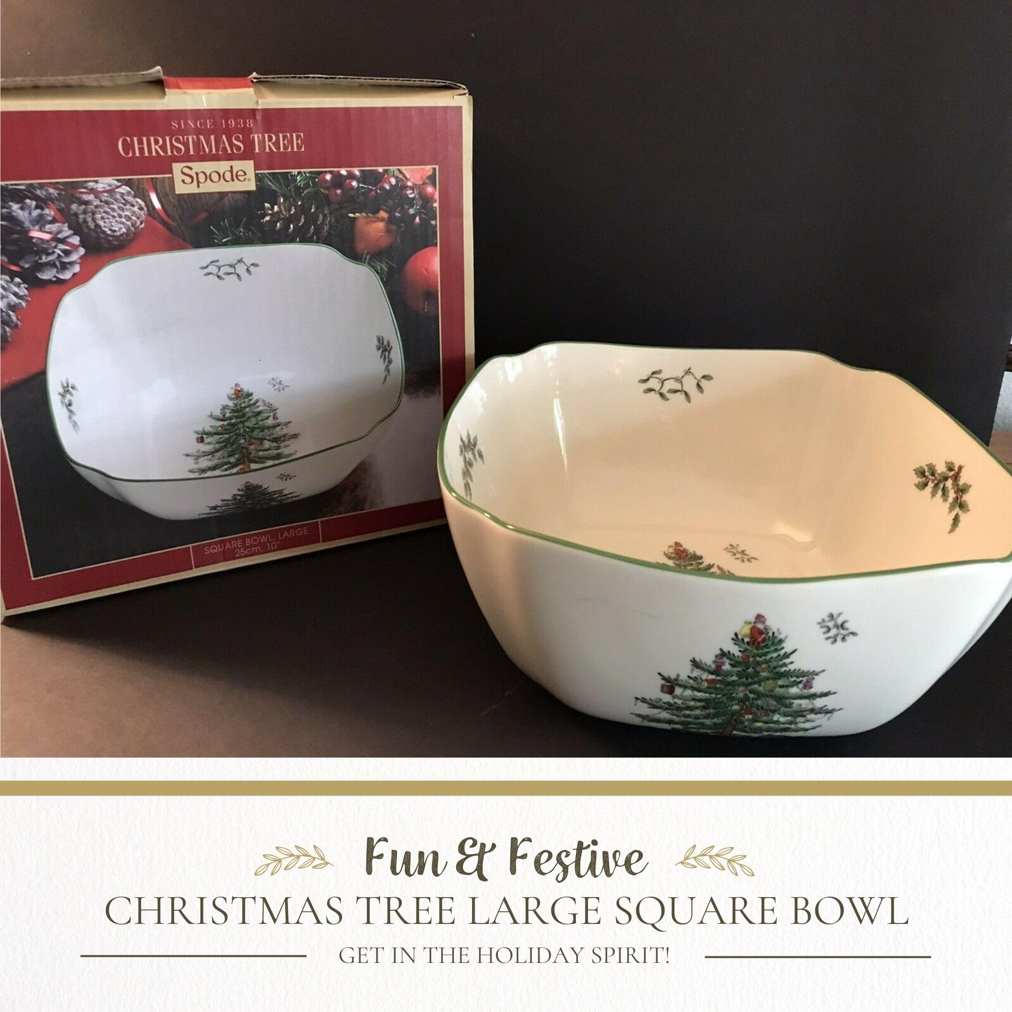 Spode Christmas Tree, cuenco de diez pulgadas en mesa, perfecto para platos navideños.