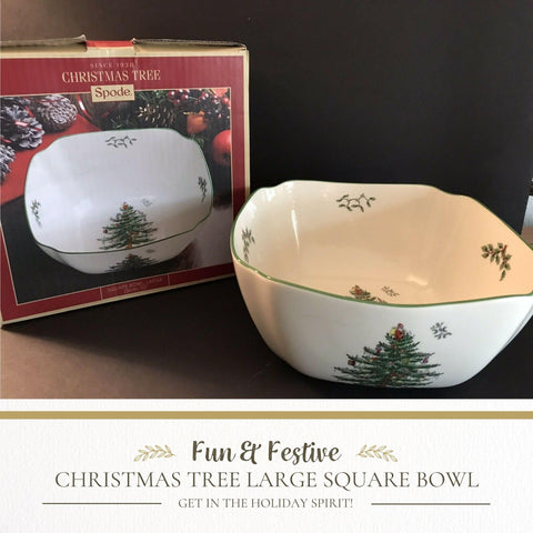 Spode Christmas Tree, cuenco de diez pulgadas en mesa, perfecto para platos navideños.