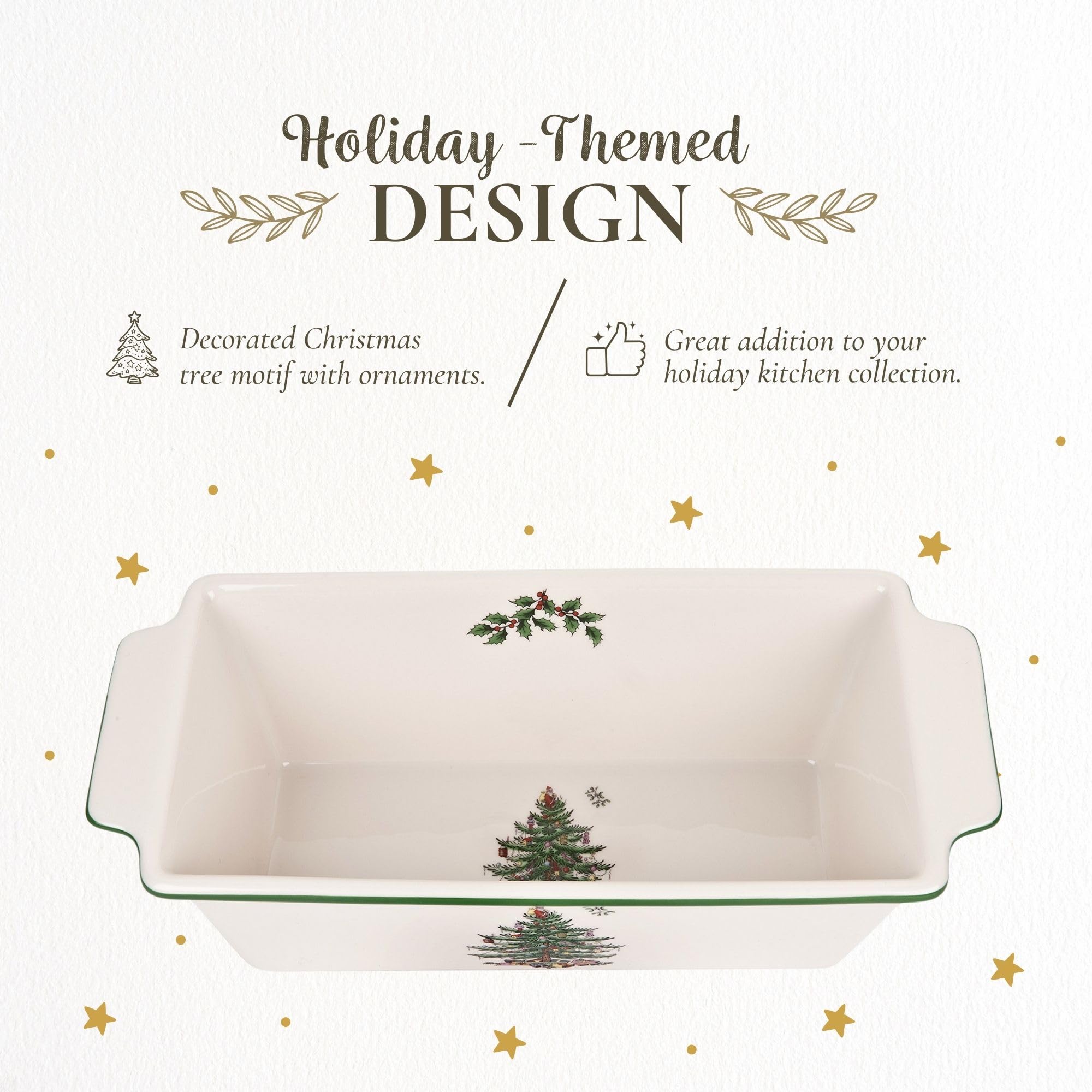 Molde para pan apto para horno 400°F, Spode Christmas Tree, cerámica duradera.