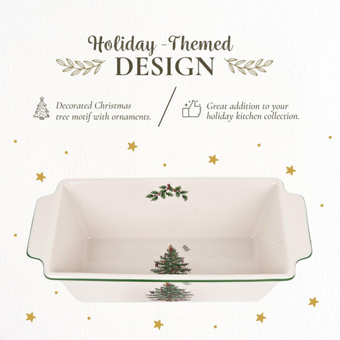 Molde para pan apto para horno 400°F, Spode Christmas Tree, cerámica duradera.
