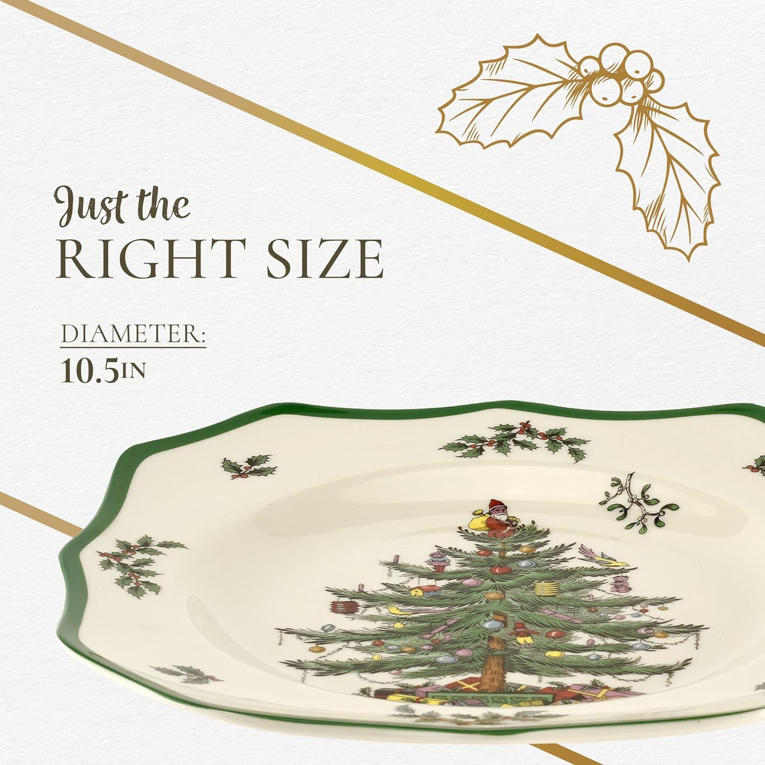 Detalles de navidad: plato Spode con motivos de árbol y regalos para ambientar la mesa.