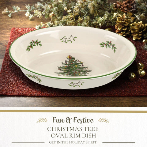 Detalle del diseño del árbol navideño Spode, perfecto para cenas festivas.