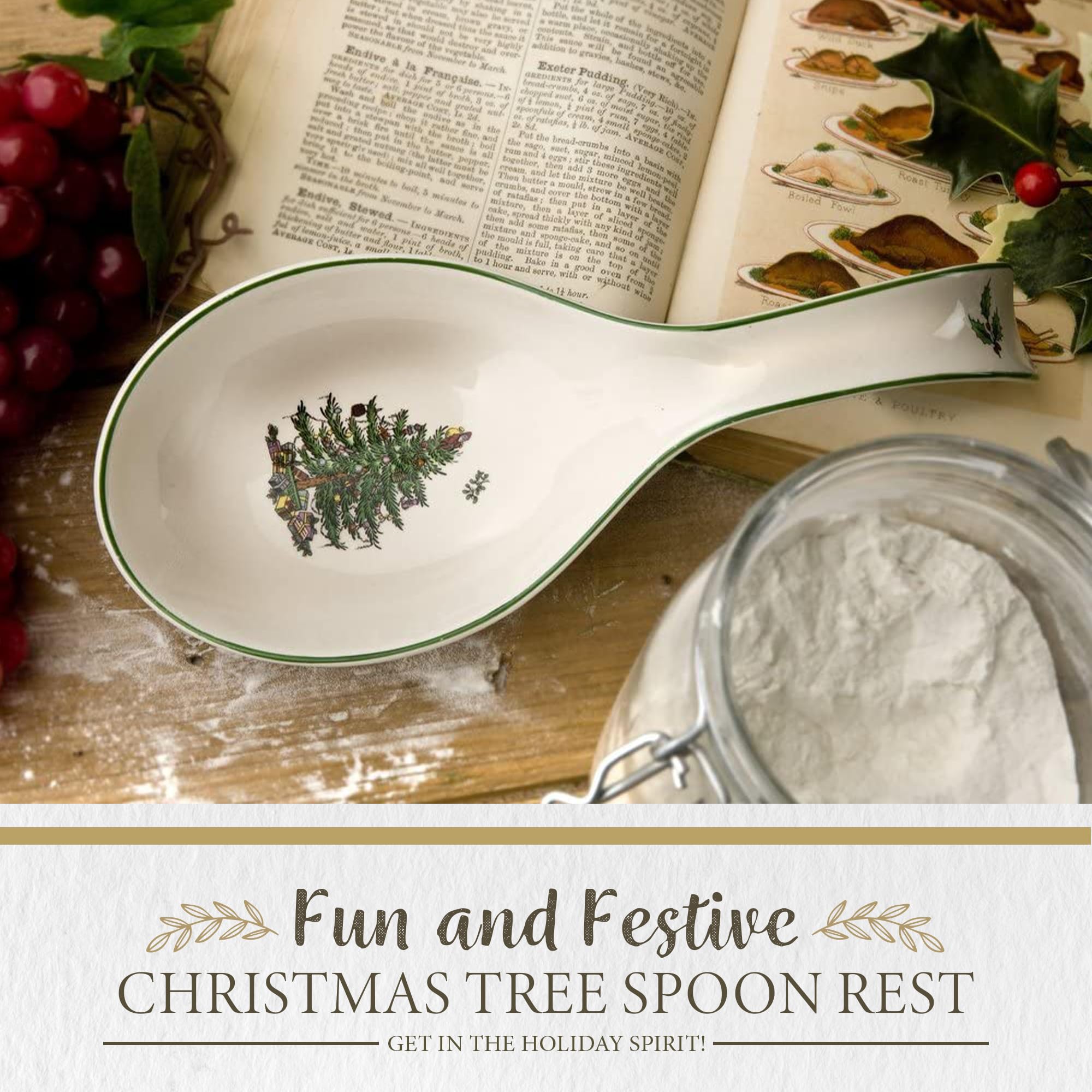 Spode diseno verde del arbol navideno, aporta elegancia festiva a la cocina