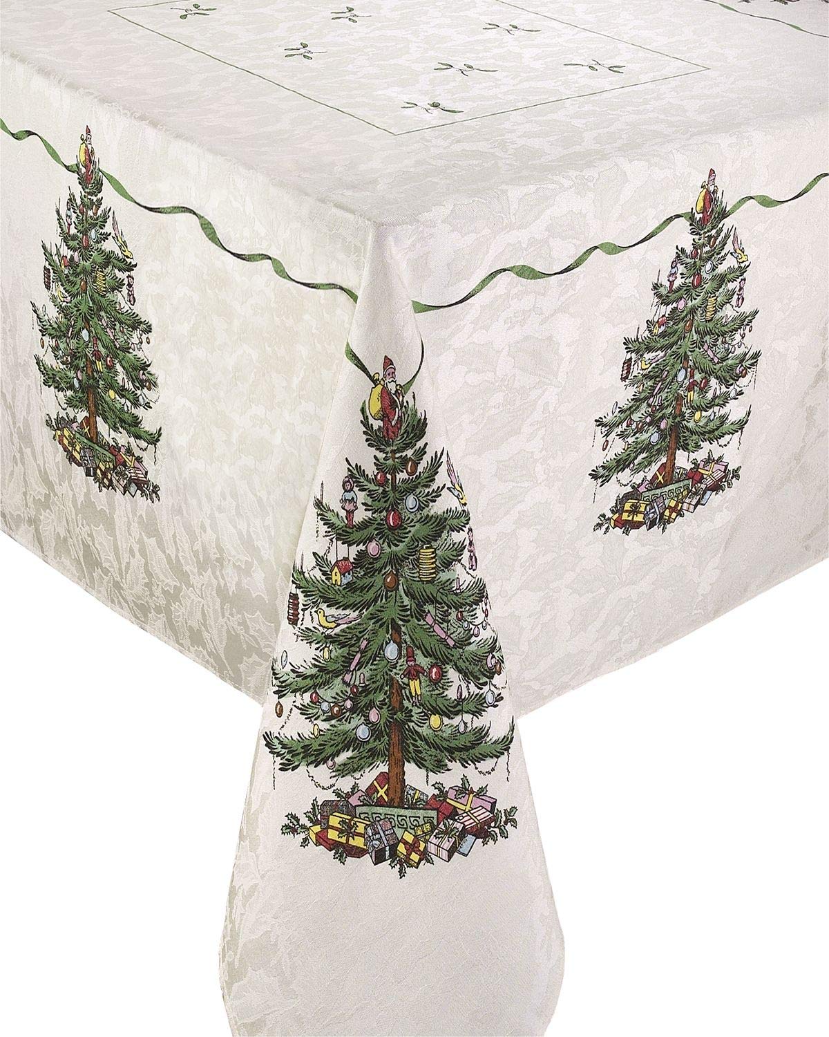 Mantel Spode con borde de árbol navideño, ideal para crear ambiente festivo en la mesa