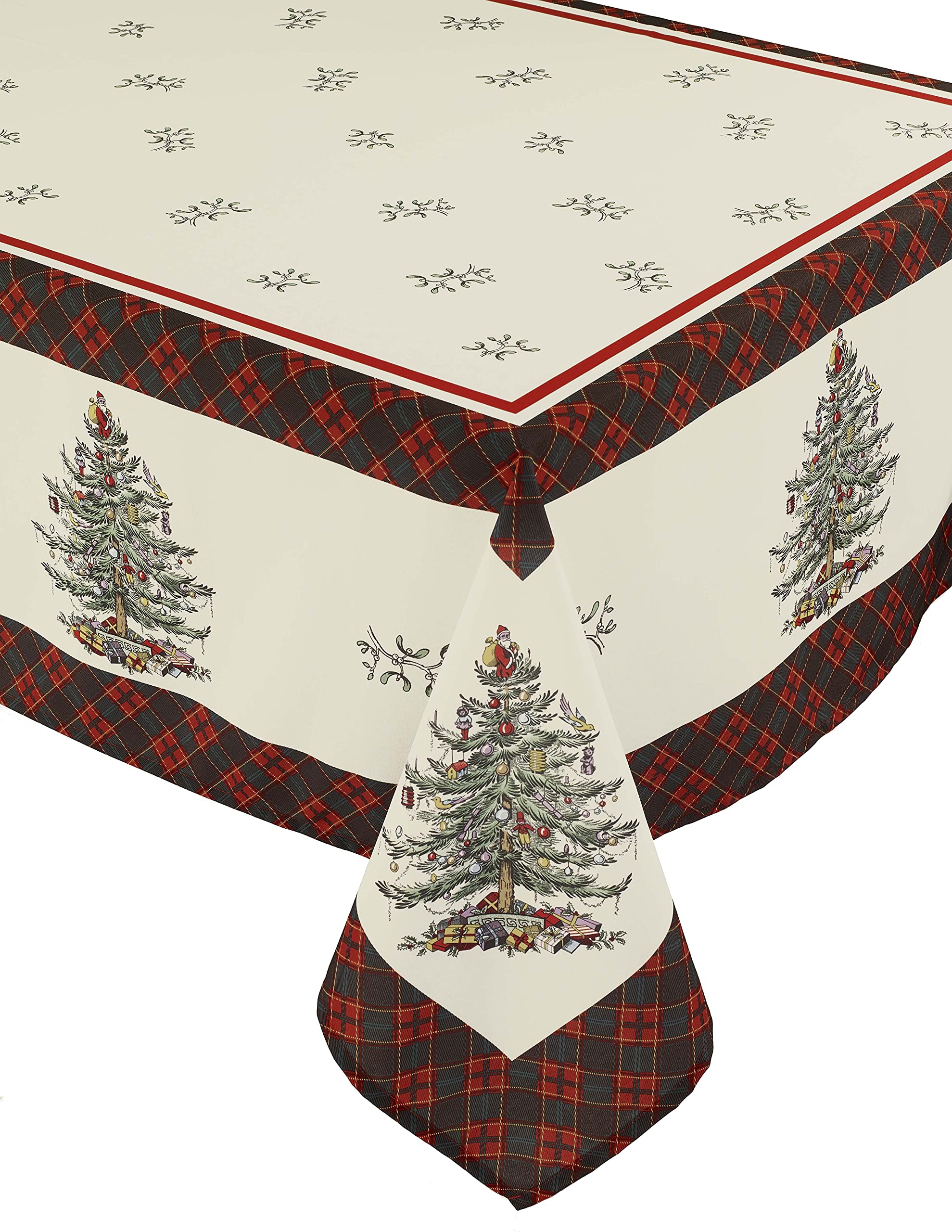 Mantel Spode navideño con árbol y tartán verde-rojo, ideal para cenas festivas.