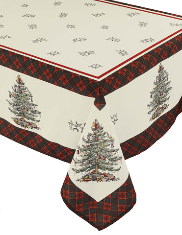 Mantel Spode navideño con árbol y tartán verde-rojo, ideal para cenas festivas.