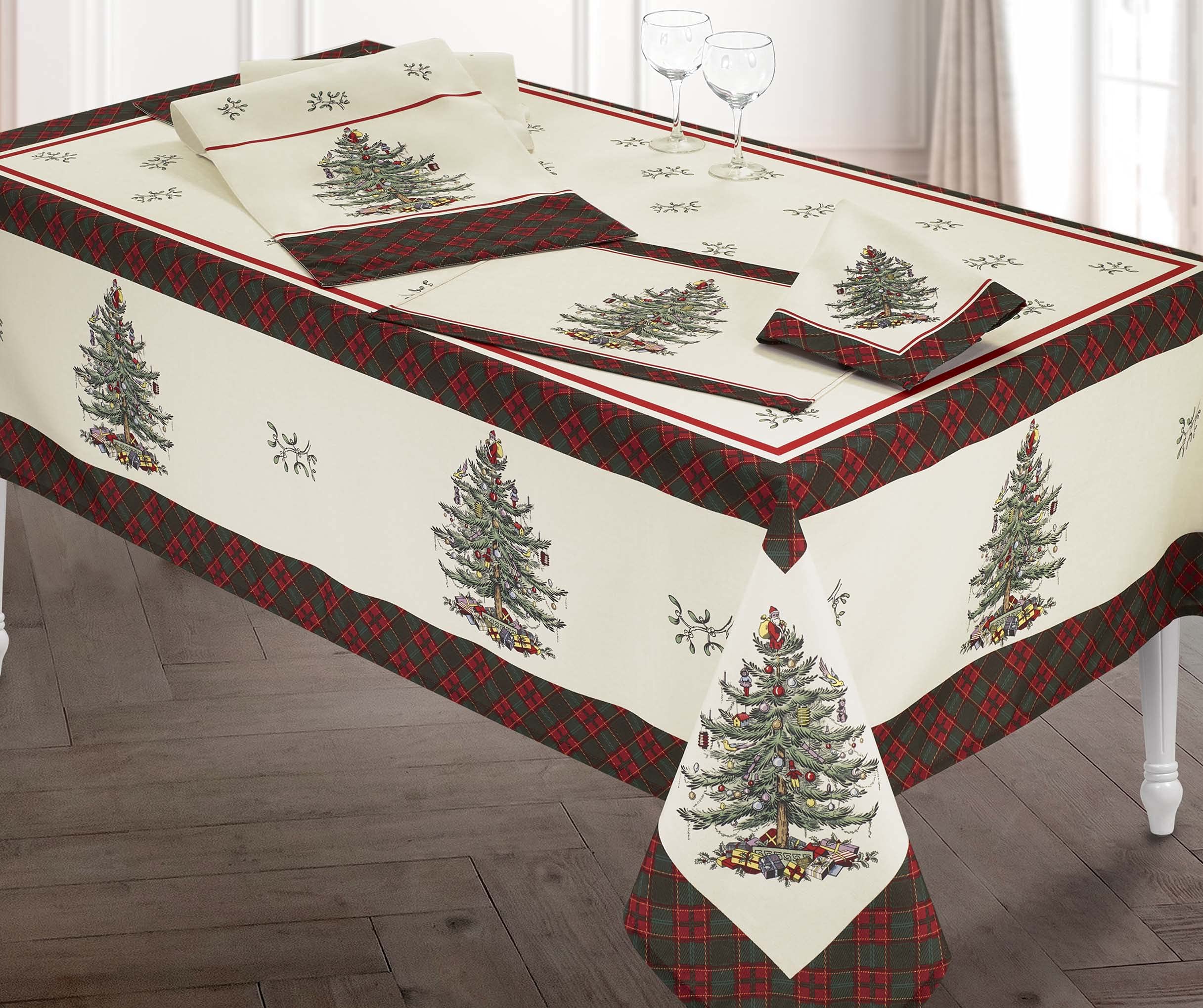 Detalle del diseño Spode con motivos navideños y tartán, ideal para reuniones festivas.
