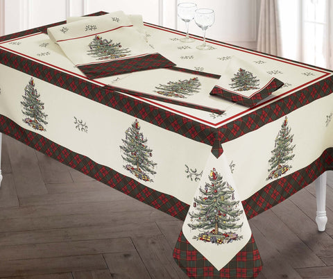 Detalle del diseño Spode con motivos navideños y tartán, ideal para reuniones festivas.