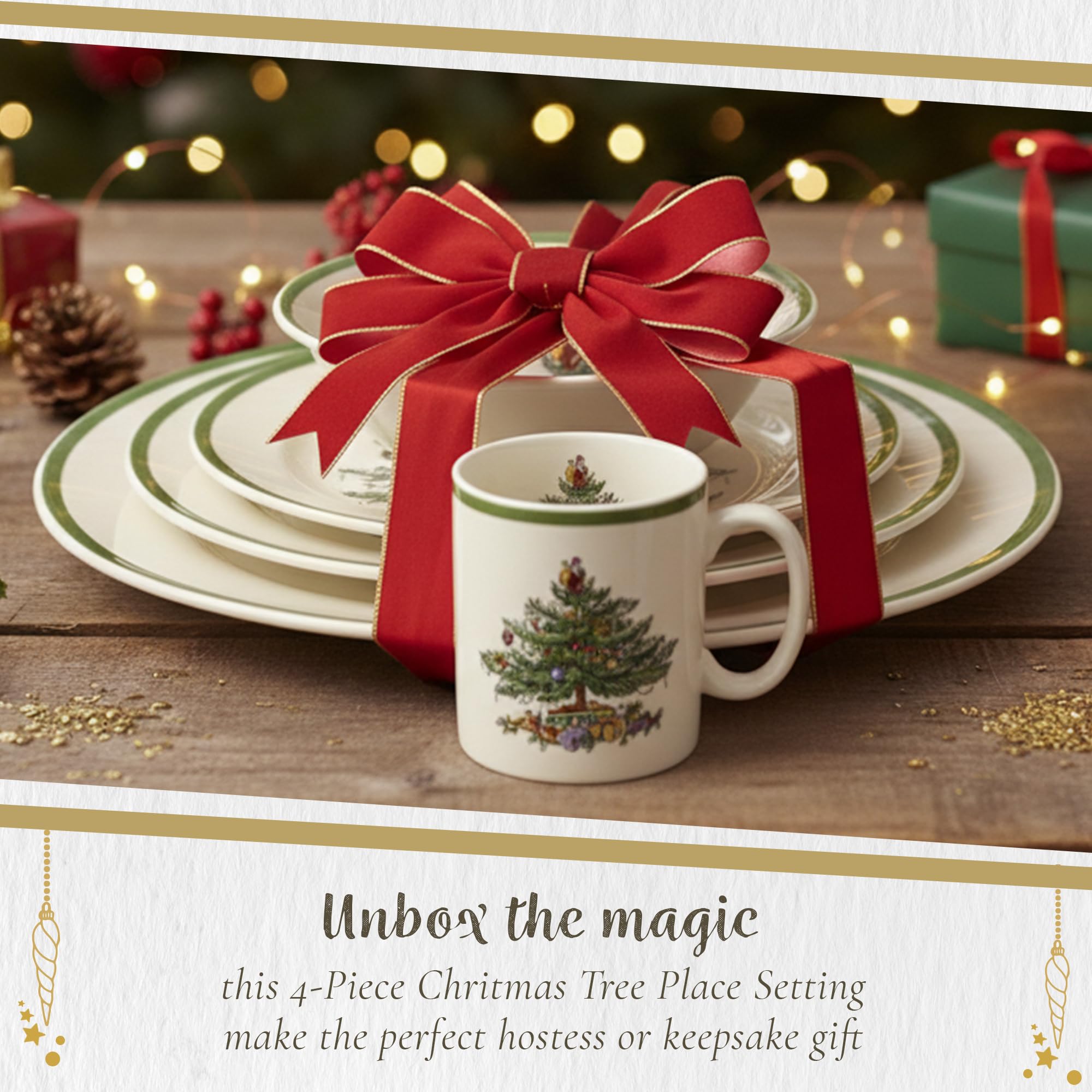 Primer plano del patrón navideño Spode, realza la decoración de la mesa