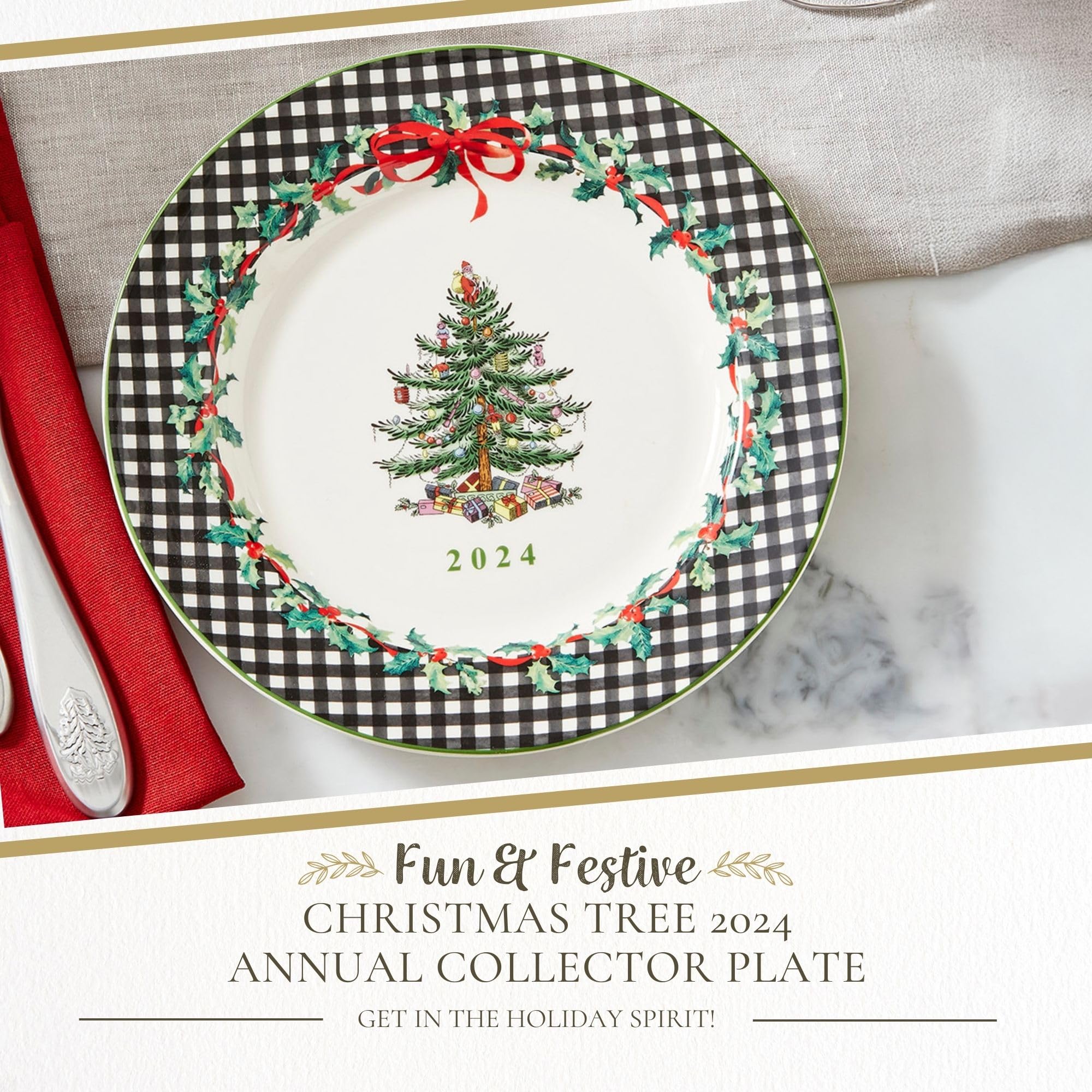 Spode platillo porcelana de 8 pulgadas con motivo arbol navideño y borde rojo.