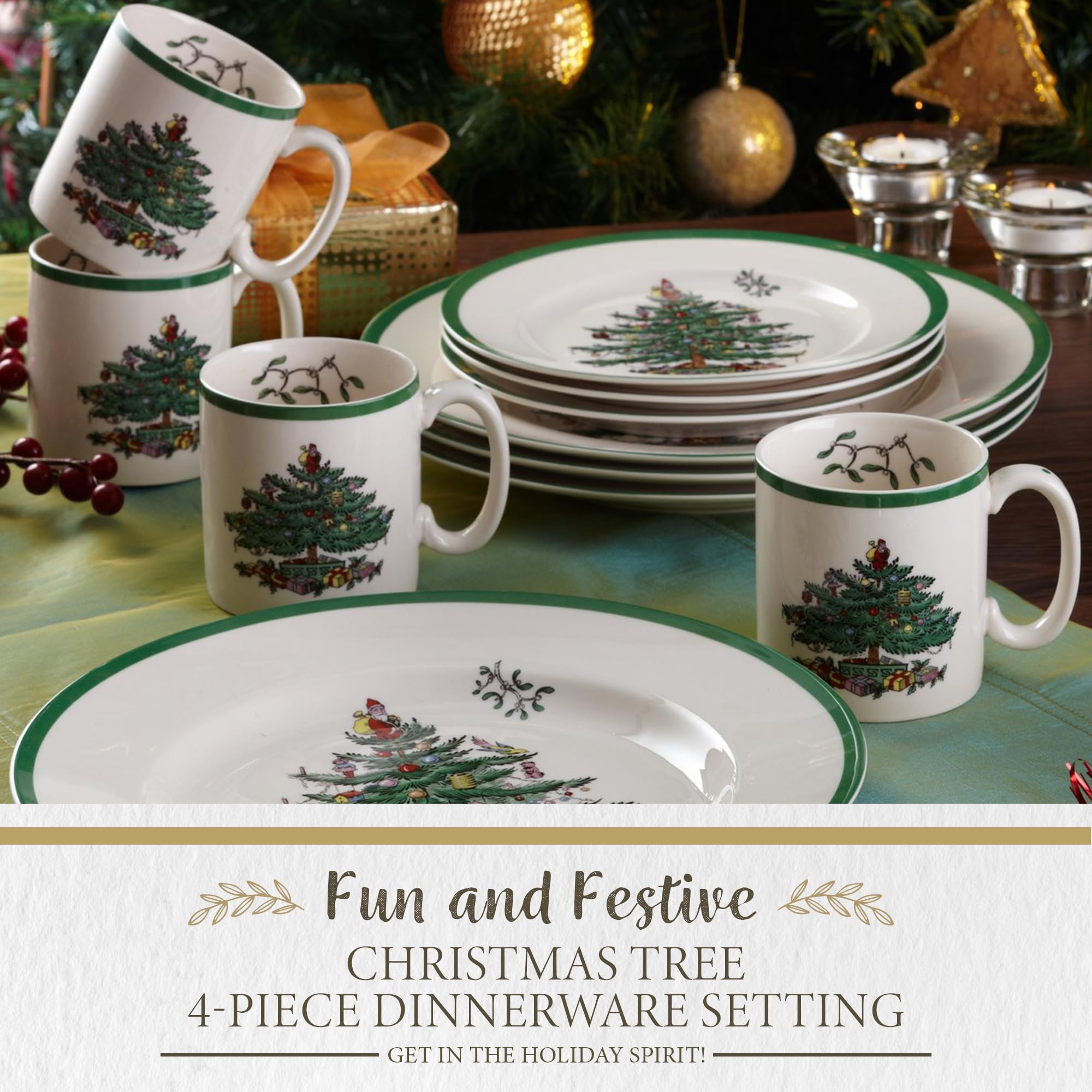 Vajilla Spode con plato de ensalada y diseño de árbol navideño para la mesa
