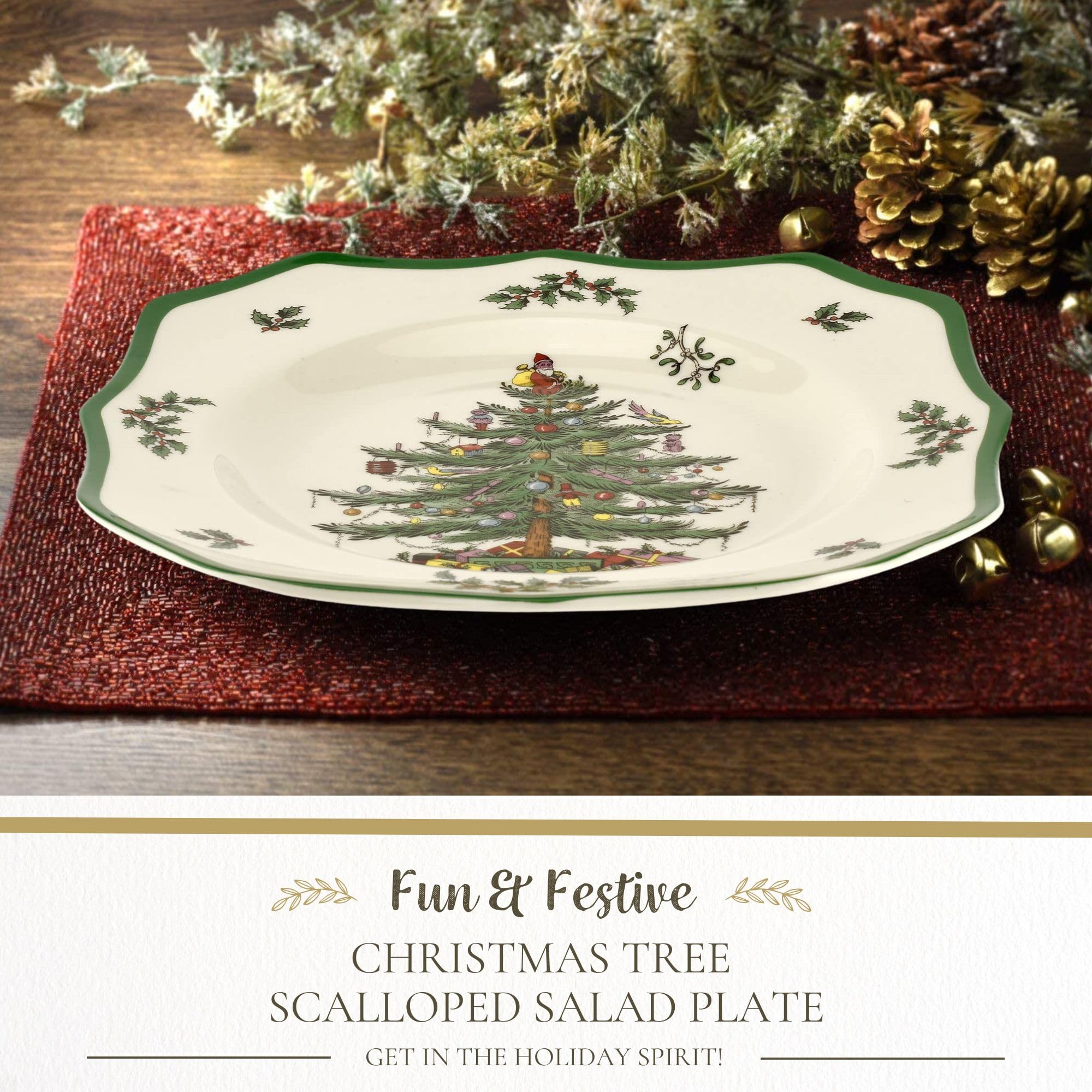 Detalle de regalos coloridos y muérdago en diseño de plato Spode, ideal para mesa.