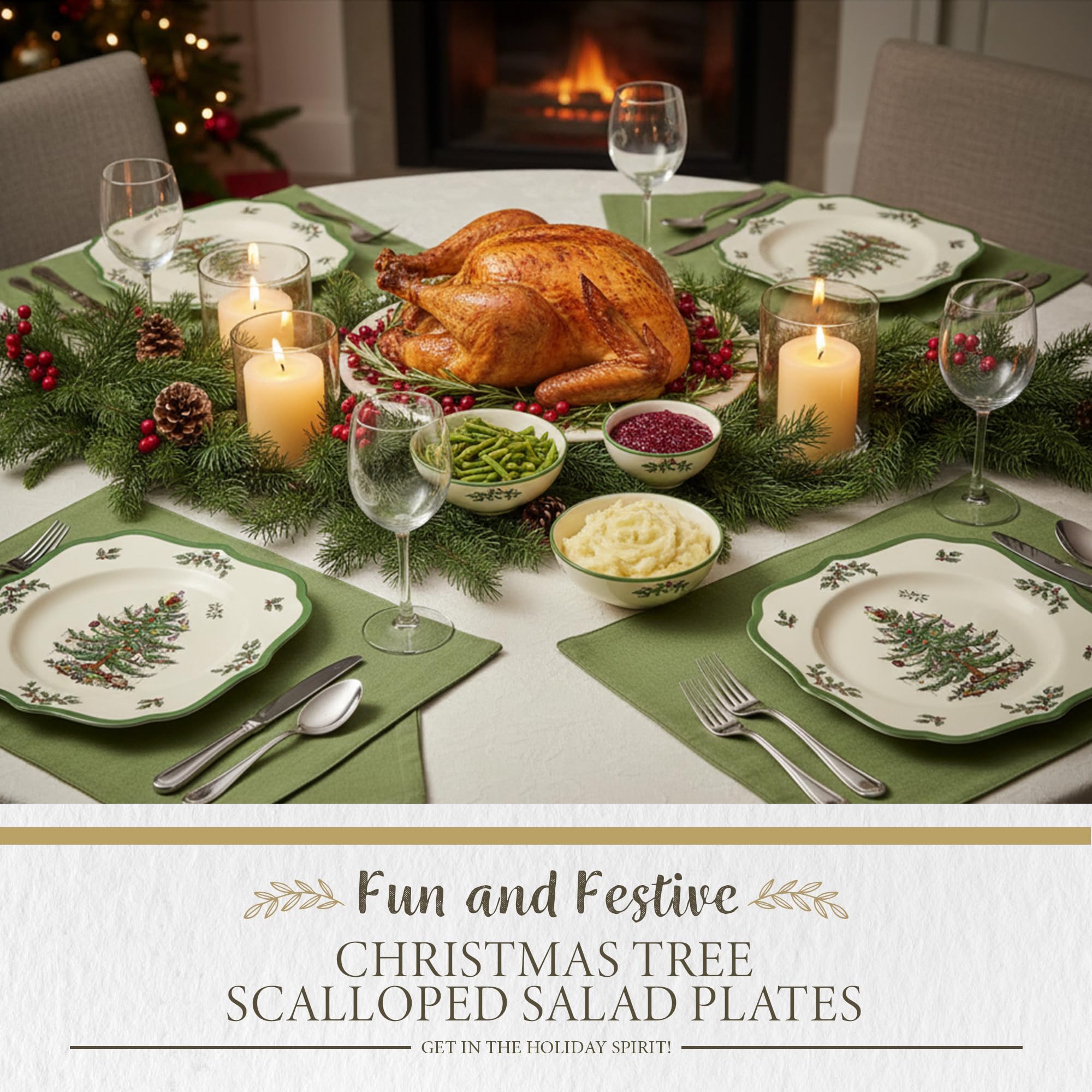 Spode con diseño de regalos y muérdago, perfecto para servir ensaladas de Navidad.