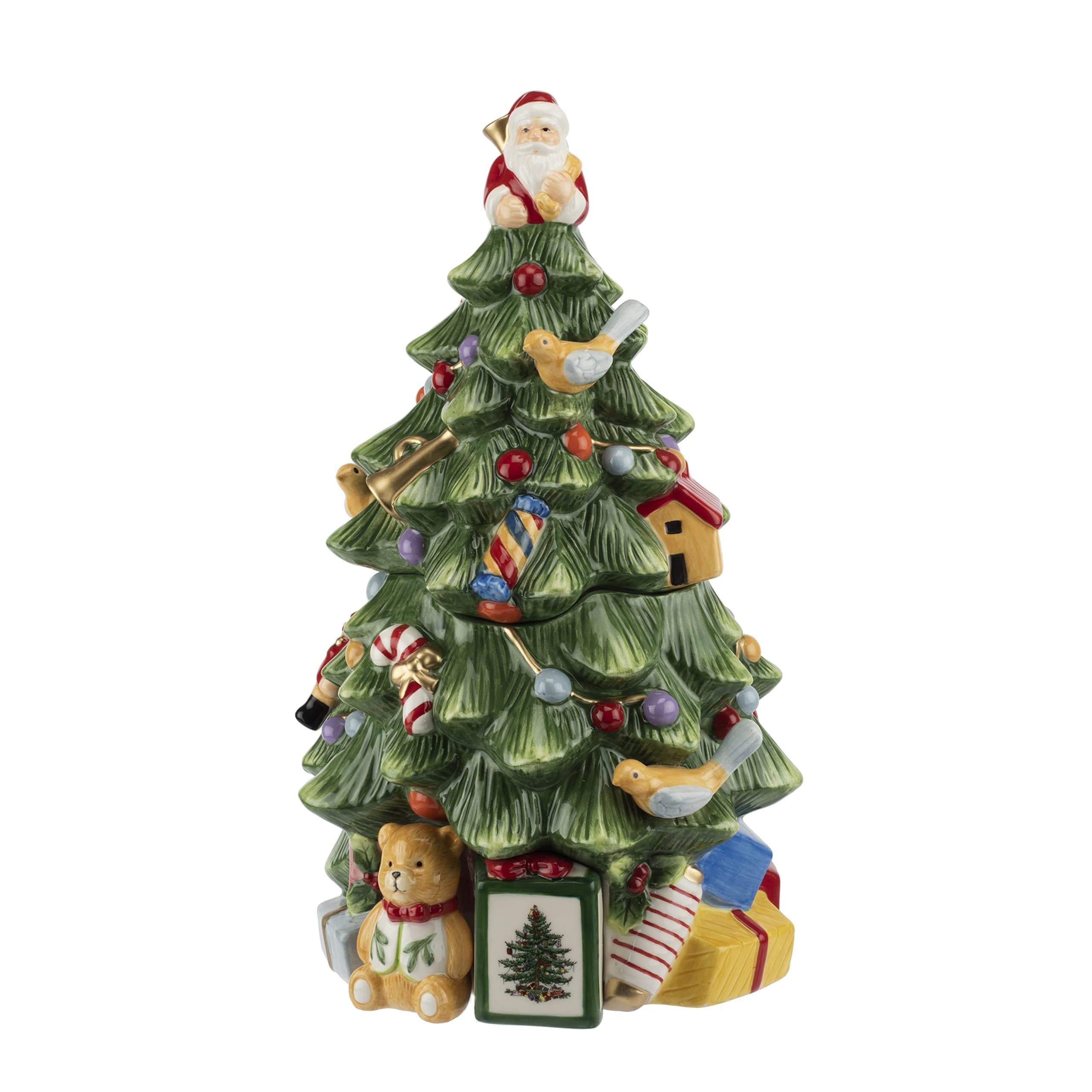 Tarro de galletas Spode con forma de árbol navideño, ideal para conservar snacks festivos.