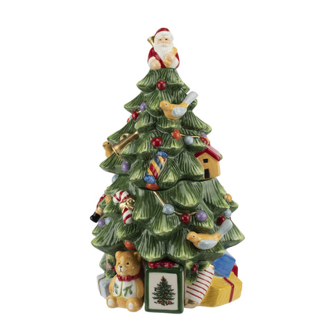 Tarro de galletas Spode con forma de árbol navideño, ideal para conservar snacks festivos.