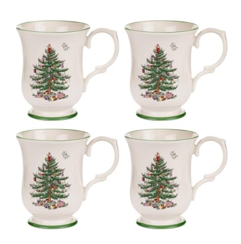 Taza Spode Christmas Tree con base de pie y Santa, ideal para café diario, capacidad de 12 onzas.