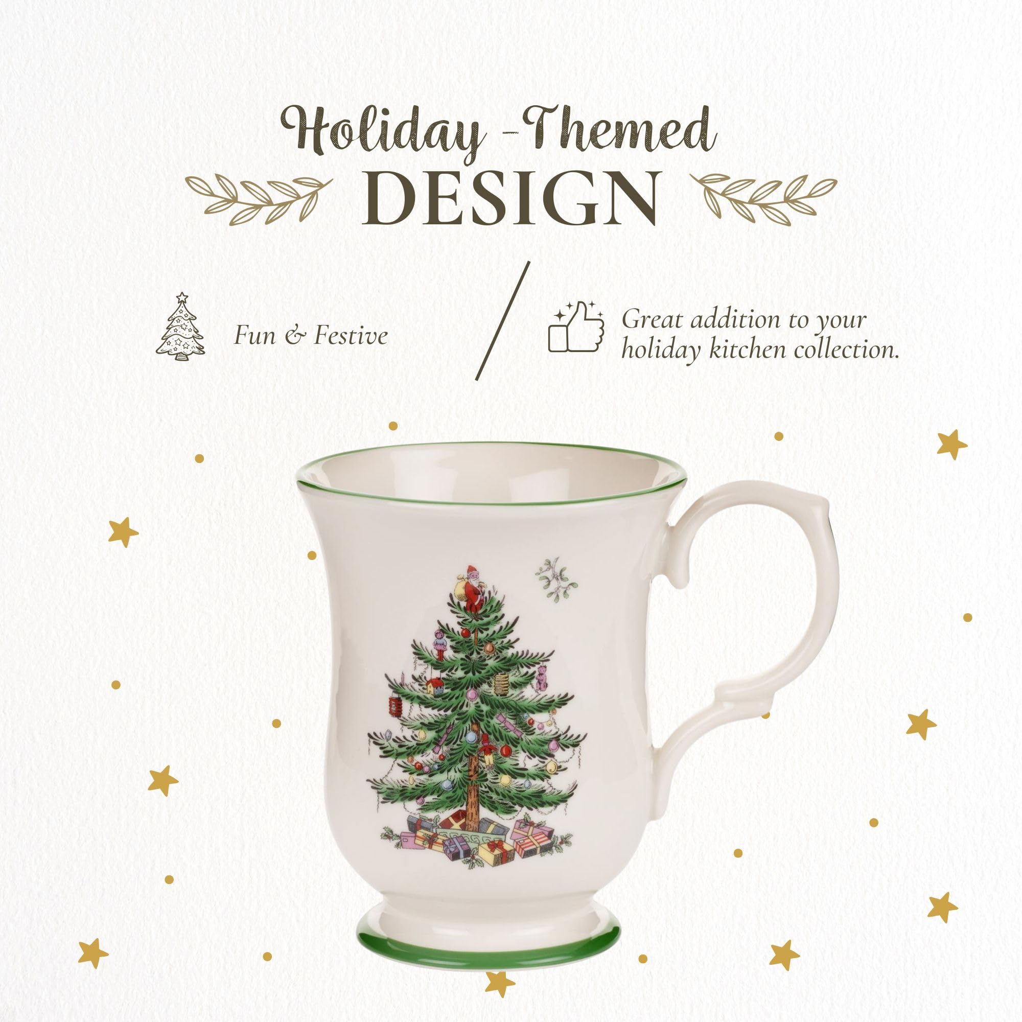 Detalle de Santa en la taza Spode sobre un árbol navideño para días festivos.
