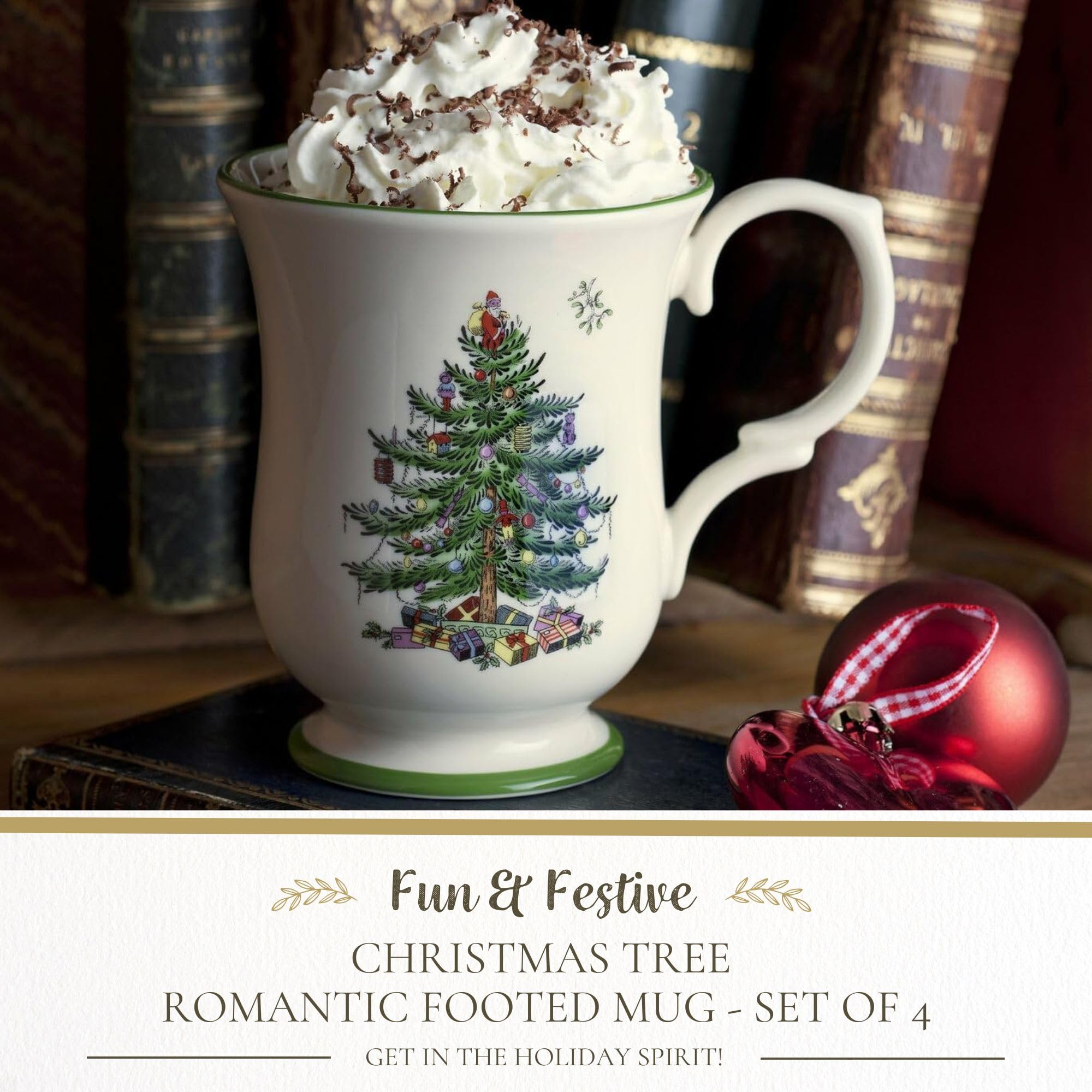 Taza Spode Navidad con fondo crema y borde verde, diseño festivo para la mesa.