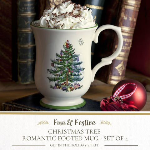 Taza Spode Navidad con fondo crema y borde verde, diseño festivo para la mesa.