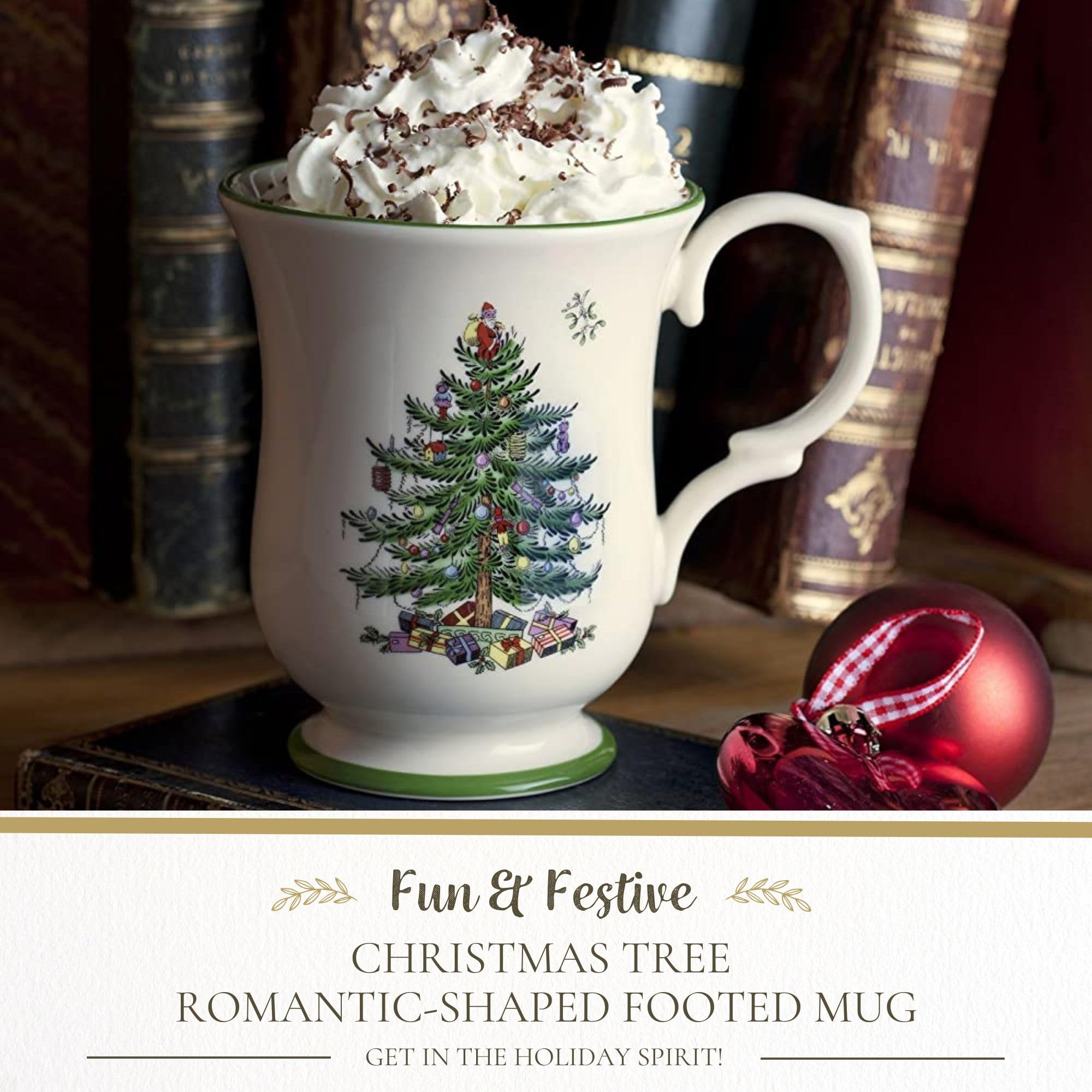 Taza Spode Santa sobre arbol, perfecto para chocolate caliente.