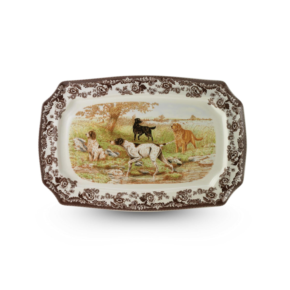 Spode Woodland: plato rectangular con Labrador negro, ideal para servir en fiestas.