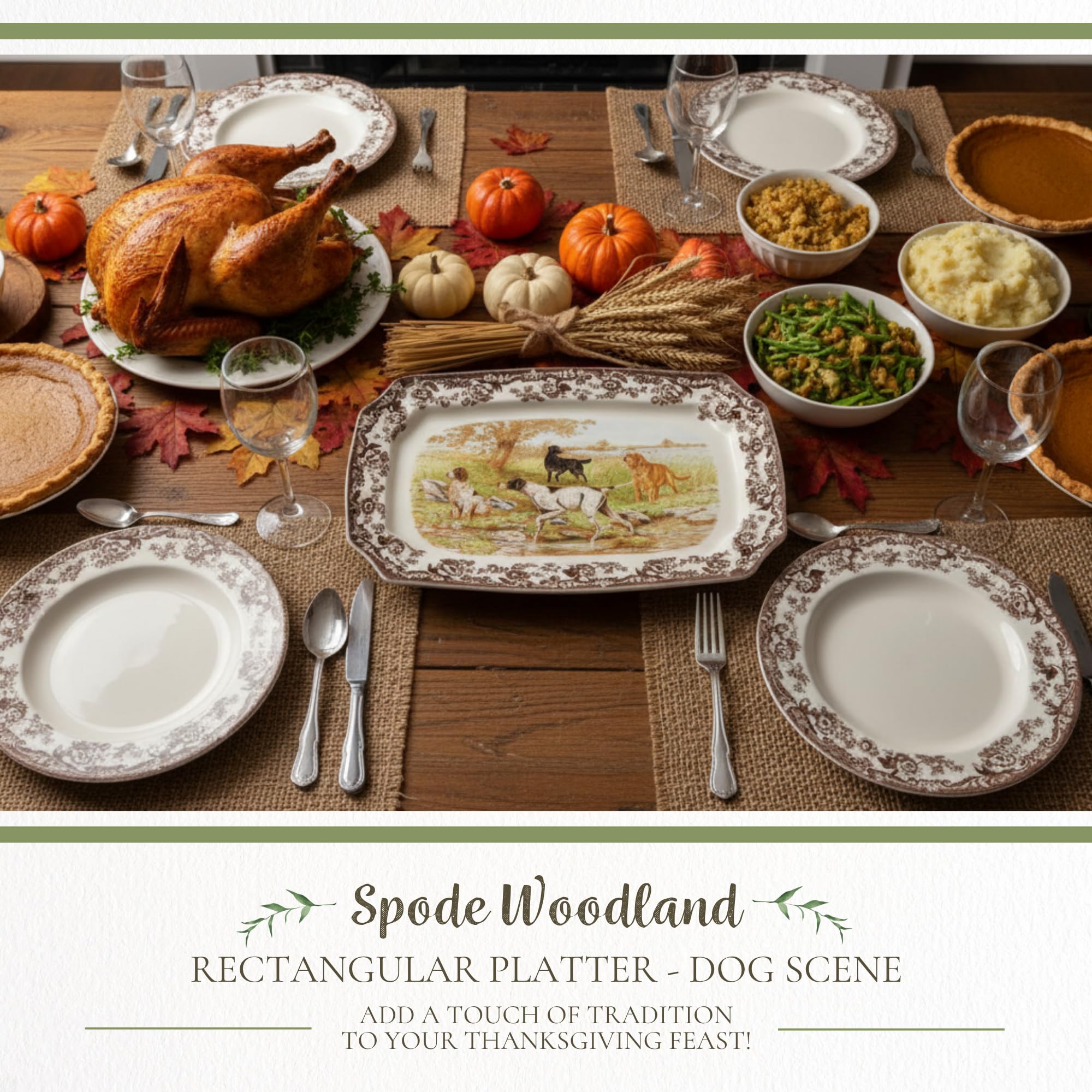 Spode Woodland: plato rectangular con perro dorado, perfecto para entrantes.