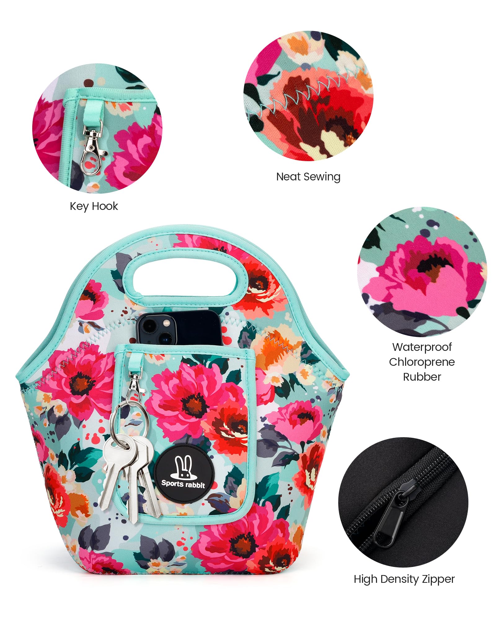 Sports rabbit bolsa-almuerzo con bolsillo frontal para teléfono y llaves.