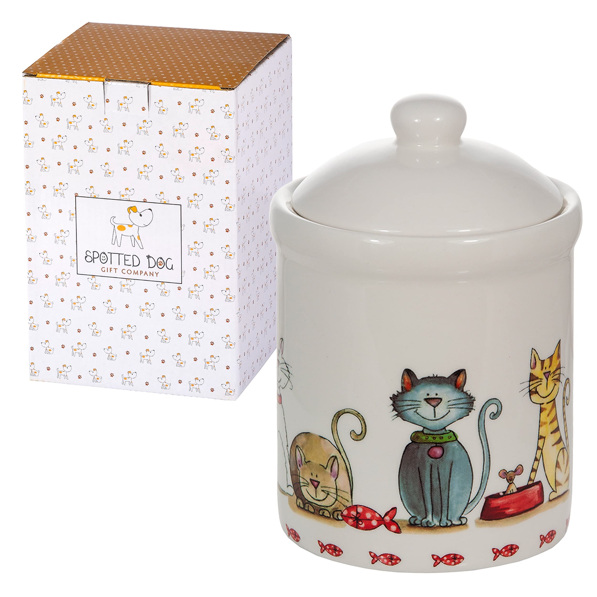 SPOTTED DOG GIFT COMPANY tarro cerámico con tapa para gatos, almacenamiento elegante de golosinas.