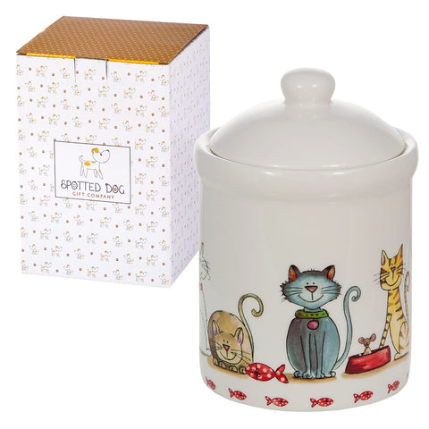 SPOTTED DOG GIFT COMPANY tarro cerámico con tapa para gatos, almacenamiento elegante de golosinas.